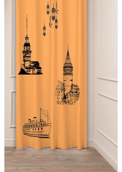 Istanbul Galata Külesi Kız Külesi Gemi Bohem Desenli Özel Tasarım Dijital Baskılı (Tek Kanat) Soft Modern Şık Fon Perde