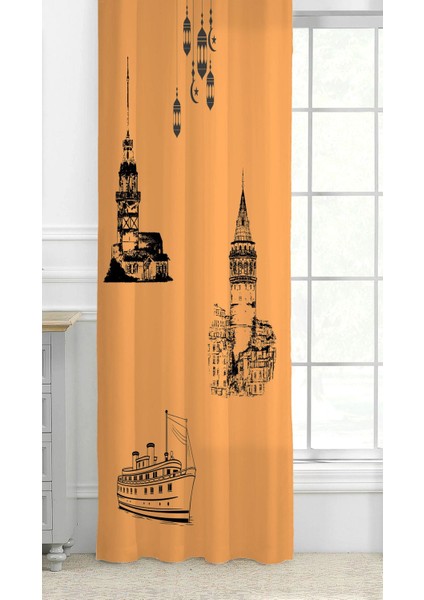 Istanbul Galata Külesi Kız Külesi Gemi Bohem Desenli Özel Tasarım Dijital Baskılı (Tek Kanat) Soft Modern Şık Fon Perde