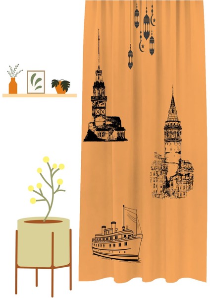 Istanbul Galata Külesi Kız Külesi Gemi Bohem Desenli Özel Tasarım Dijital Baskılı (Tek Kanat) Soft Modern Şık Fon Perde