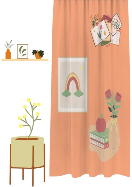 Bohem Çiçek Yaprak Kitap Defter Desenli Özel Tasarım Dijital Baskılı (Tek Kanat) Soft Modern Şık Bej Fon Perde