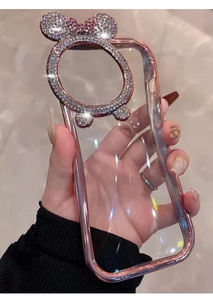 Apple iPhone 15 Uyumlu Taşlı Minnie Mouse Kulaklı Işıltılı Şeffaf Silikon Kılıf