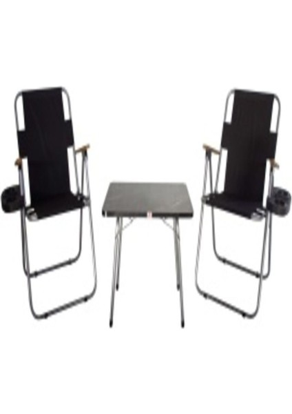 Katlanabilir Siyah Ahşap Kollu Bardaklı Ve 45x60cm Siyah- Granit Sehpa Ve Taşıma Çantası