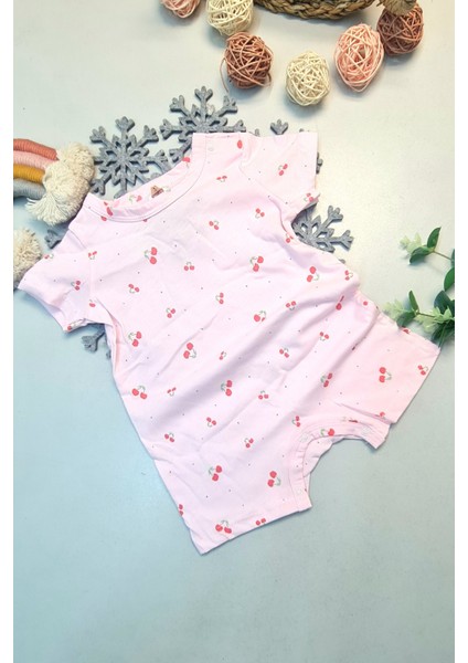Kısa Paça Yazlık Gündelik Bebek Çıtçıtlı Zıbın %100 Pamuk Toz Pembe Kirazlı