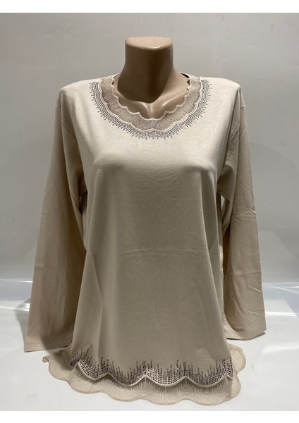 Rahat Kesim V Yaka Etek Ucu Tül ve Inci Işlemeli Krem Anne Penye Bluz modelleri