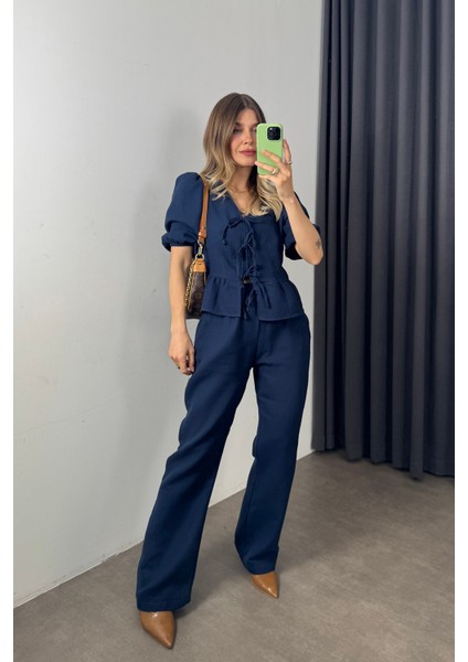 Lacivert Bağcıklı Bluz Bol Paça Müslin Pantolon Takım