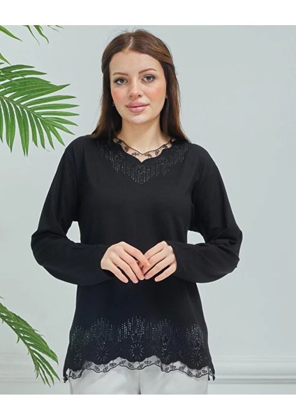 Rahat Kesim V Yaka Etek Ucu Tül ve Inci Işlemeli Siyah Anne Penye Bluz fiyatları