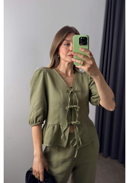 Haki Bağcıklı Bluz Bol Paça Müslin Pantolon Takım modelleri