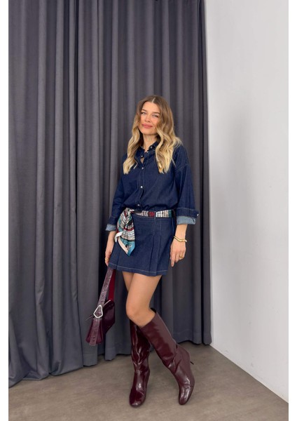 Lacivert Gömlek Önü Pileli Şort Etek Denim Takım fiyatları