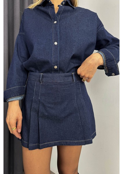 Lacivert Gömlek Önü Pileli Şort Etek Denim Takım modelleri