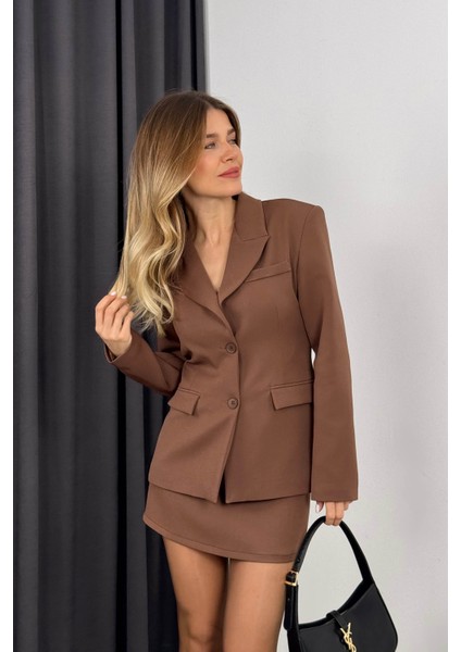 Kahverengi Etek Blazer Ceket Premium Takım