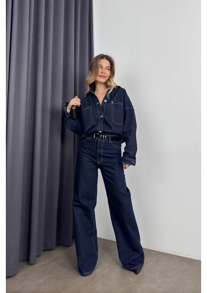 Lacivert Yüksek Bel Jean Ceket Premium Takım