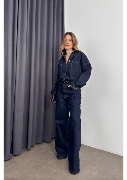 Lacivert Yüksek Bel Jean Ceket Premium Takım modelleri