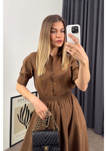 Kahverengi Saten Gömlek Etek Takım modelleri