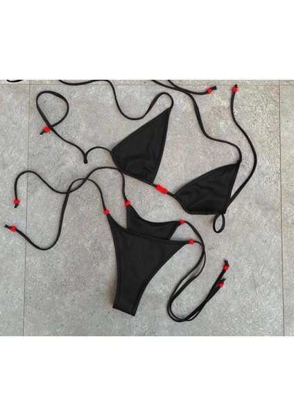 Özel Tasarım Kırmızı Boncuk Detaylı Sexy Scuba Brazilian Siyah Kadın Bikini Takımı