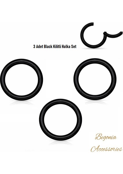Cerrahi Çelik, 10 mm Çap, 3 Adet Black Kaplama Septum Kilitili Halka Piercing Küpe Set, Kaş, Dudak, Burun, Kulak Kullanımına Uygundur