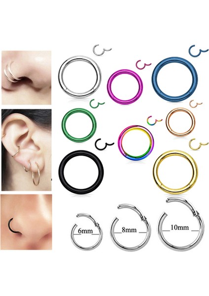Cerrahi Çelik, 6 mm Çap, 3 Adet Gümüş Kaplama Septum Kilitili Halka Piercing Küpe Set, Kaş, Dudak, Burun, Kulak Kullanımına Uygundur