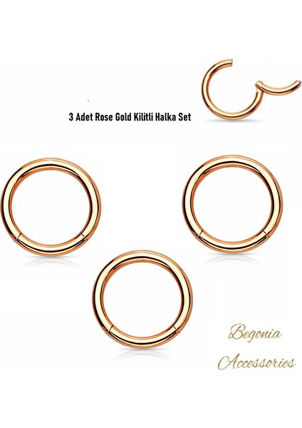 Cerrahi Çelik, 8 mm Çap, 3 Adet Rose Gold Kaplama Septum Kilitili Halka Piercing Küpe Set, Kaş, Dudak, Burun, Kulak Kullanımına Uygundur