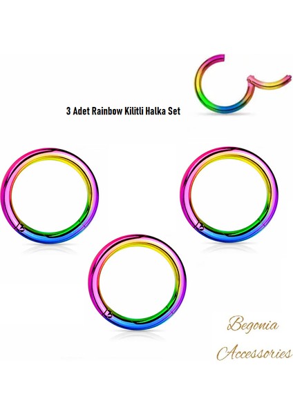 Cerrahi Çelik, 6 mm Çap, 3 Adet Rainbow Kaplama Septum Kilitili Halka Piercing Küpe Set, Kaş, Dudak, Burun, Kulak Kullanımına Uygundur