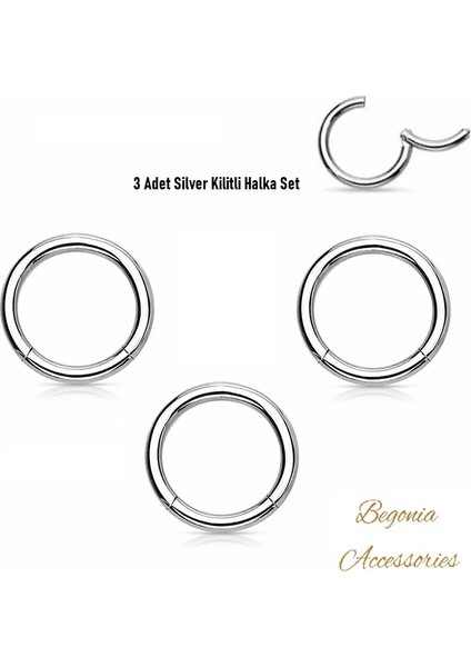 Cerrahi Çelik, 8 mm Çap, 3 Adet Gümüş Kaplama Septum Kilitili Halka Piercing Küpe Set, Kaş, Dudak, Burun, Kulak Kullanımına Uygundur