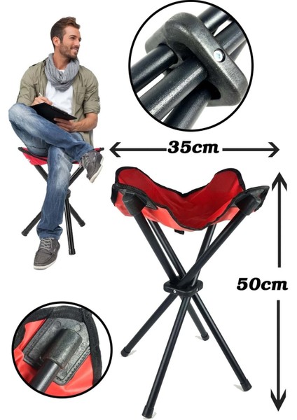 Katlanır Kamp Taburesi Büyük Boy 50cm Kırmızı 4 Ayaklı Portatif Tabure Ha032
