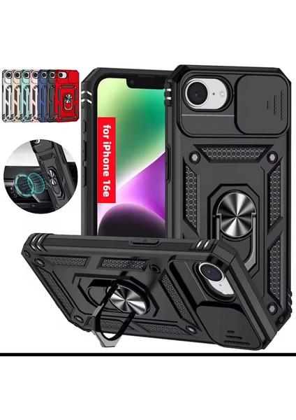 IPhone 16E Için Slayt Itme Pencere Kamera Lens Koruma Telefon Kılıfı Fundas Coque Manyetik Metal Halka Tutucu Zırh Arka Kapak