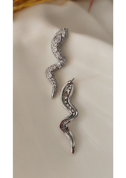 Zirkon Damla Taşlı Yılan Silver Küpe