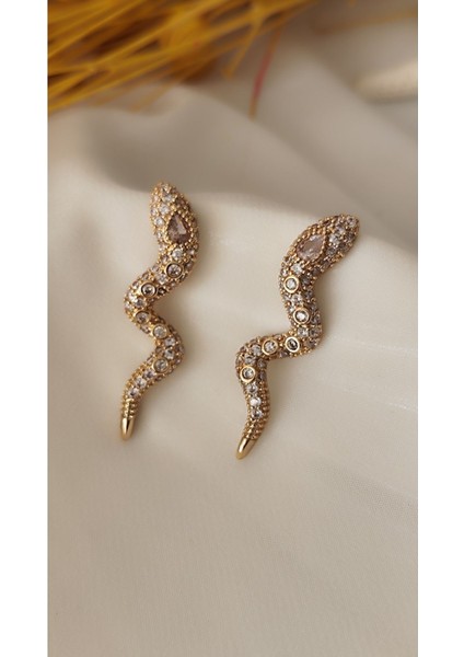 Zirkon Damla Taşlı Yılan Gold Küpe
