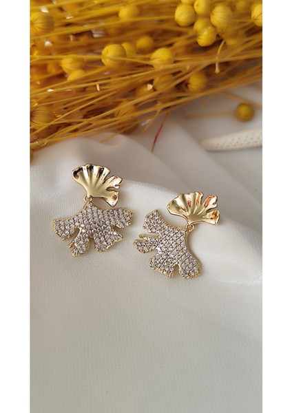 Zirkon Taşlı Yaprak Gold Küpe