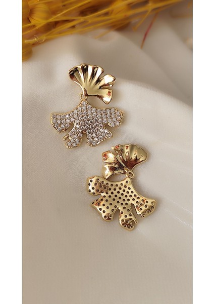 Zirkon Taşlı Yaprak Gold Küpe
