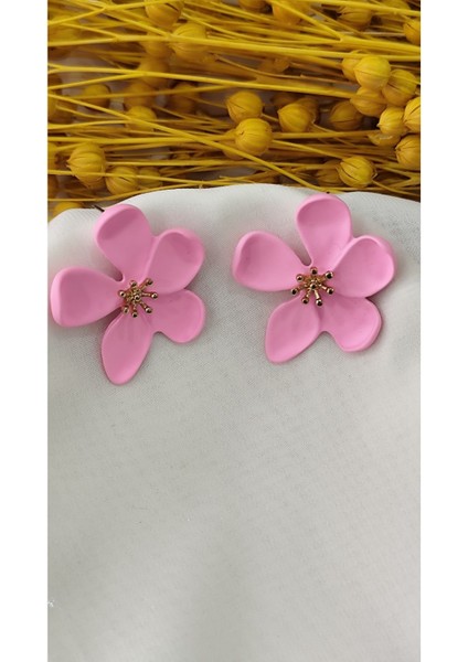 Pembe Mat Metal Çiçek Küpe