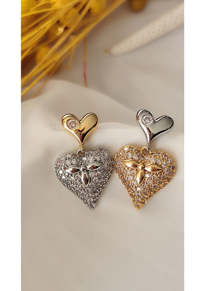 Zirkon Çift Taşlı Kalp Metal Gold Küpe modelleri