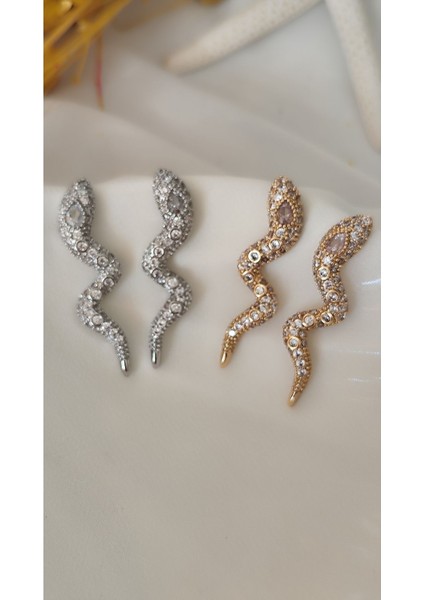 Zirkon Damla Taşlı Yılan Silver Küpe