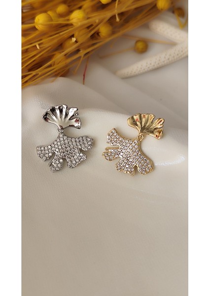 Zirkon Taşlı Yaprak Gold Küpe