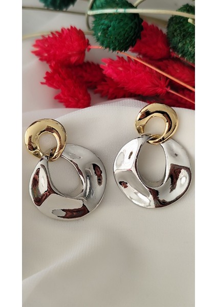 Çift Halka Metal Silver Gold Küpe