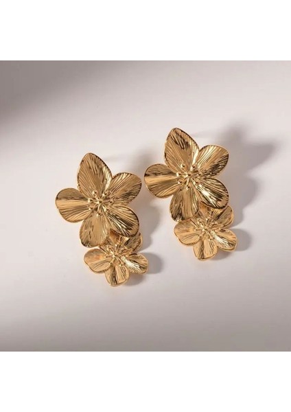 Çift Çiçekli Metal Gold Küpe modelleri