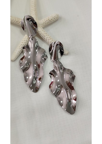 Yaprak Geniş Büyük Metal Silver Küpe