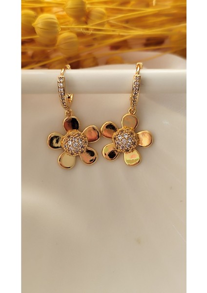 Zirkon Papatya Metal Gold Küpe