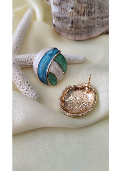 Düğme Çizgi Detaylı Gold Turkuaz Yeşil Küpe fiyatları