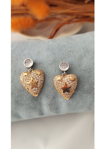 Zirkon Taşlı Kalp Yıldız Metal Gold Küpe