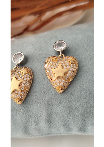 Zirkon Taşlı Kalp Yıldız Metal Gold Küpe modelleri