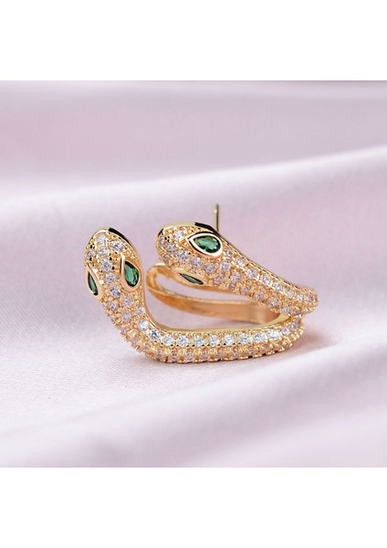 Zirkon Küçük Çift Yılan Gold Küpe