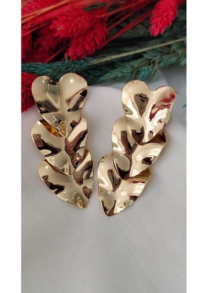 Üç Kalp Sarkıt Metal Gold Küpe
