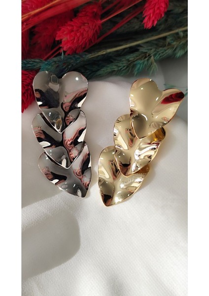 Üç Kalp Sarkıt Metal Gold Küpe modelleri