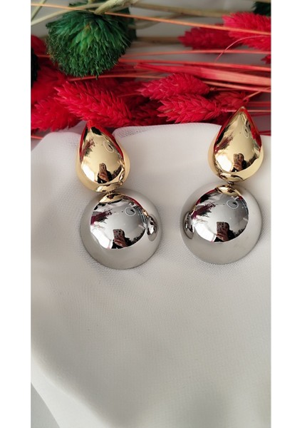 Damla Iki Parça Metal Gold Silver Küpe