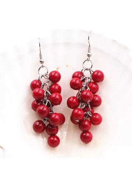 Kırmızı Cam Boncuk Sallantılı Küpe