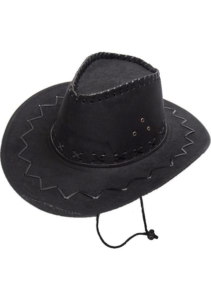 Bağcıklı Çocuk Boy Nubuk Süet Kovboy Şapkası Siyah Renk - TGR2324-9940