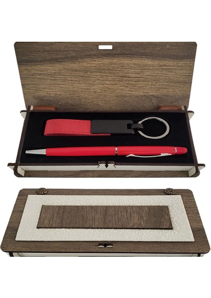 Ahşap Kutulu Kırmızı Anahtarlık ve Kalem Set - TGR1555-4624