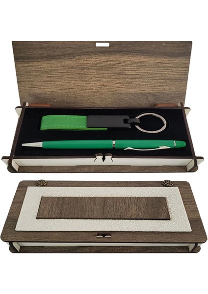 Ahşap Kutulu Yeşil Anahtarlık ve Kalem Set - TGR3524-5366