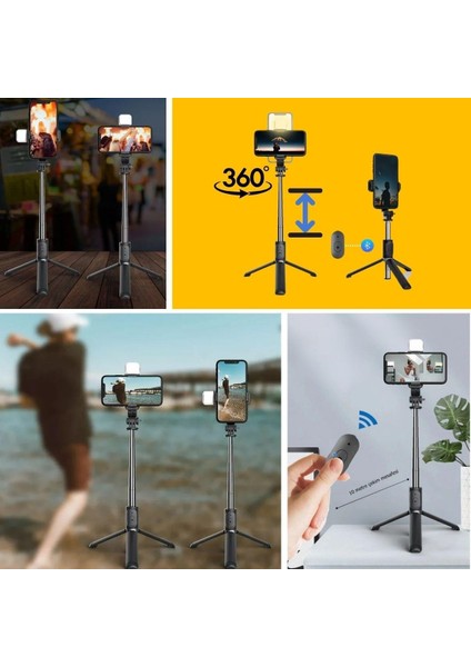 Kendiliğinden Işıklı Masaüstü Tripod Olabilen Telefon Tutuculu Kablosuz Kumand - TGR1216-6956
