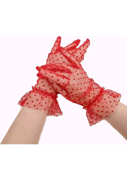 Kısa Boy Güpürlü Kırmızı Puantiyeli Tül Eldiven Kırmızı Renk - TGR6940-9935